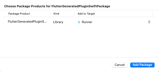 Ensure that the package is added to the `Runner` target