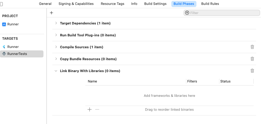 The `Link Binary With Libraries` Build Phase in the `RunnerTests` target