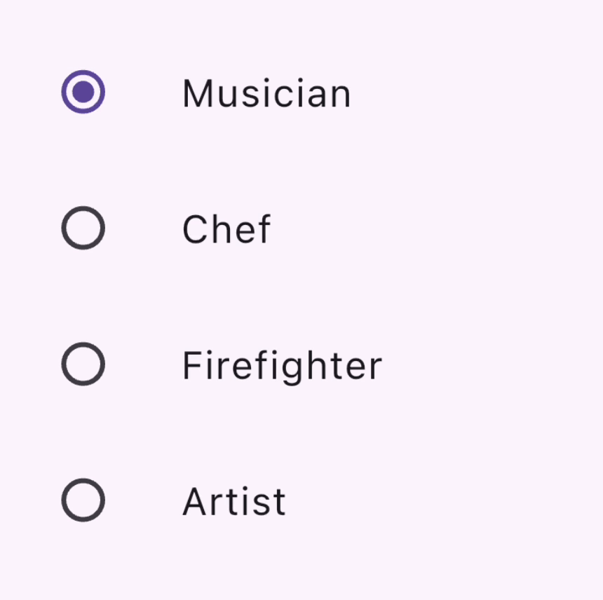A GIF of 4 ListTiles in a column, each containing a leading Radio button and title text. The Radio buttons are selected in order from top to bottom.