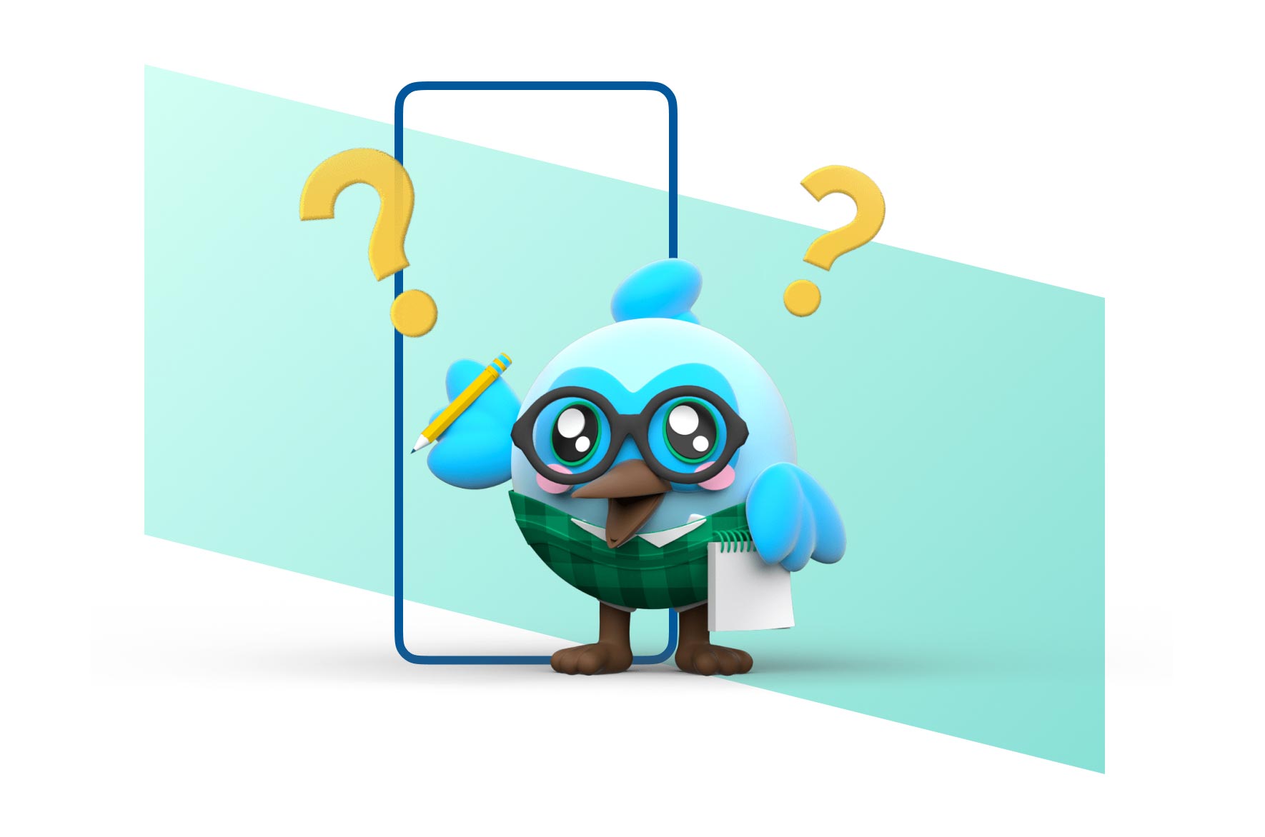 Dash with question marks around her; looking curious.