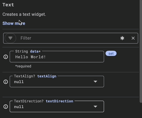 Flutter Property Editor gif displaying the documentation for a Text widget