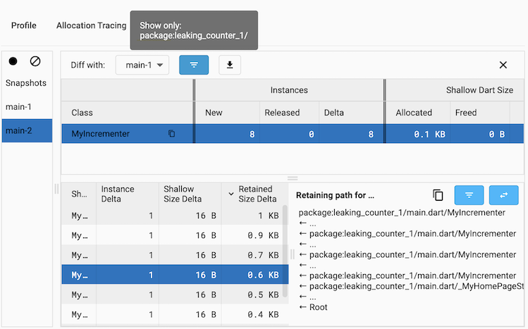 Diff in Memory tab diff