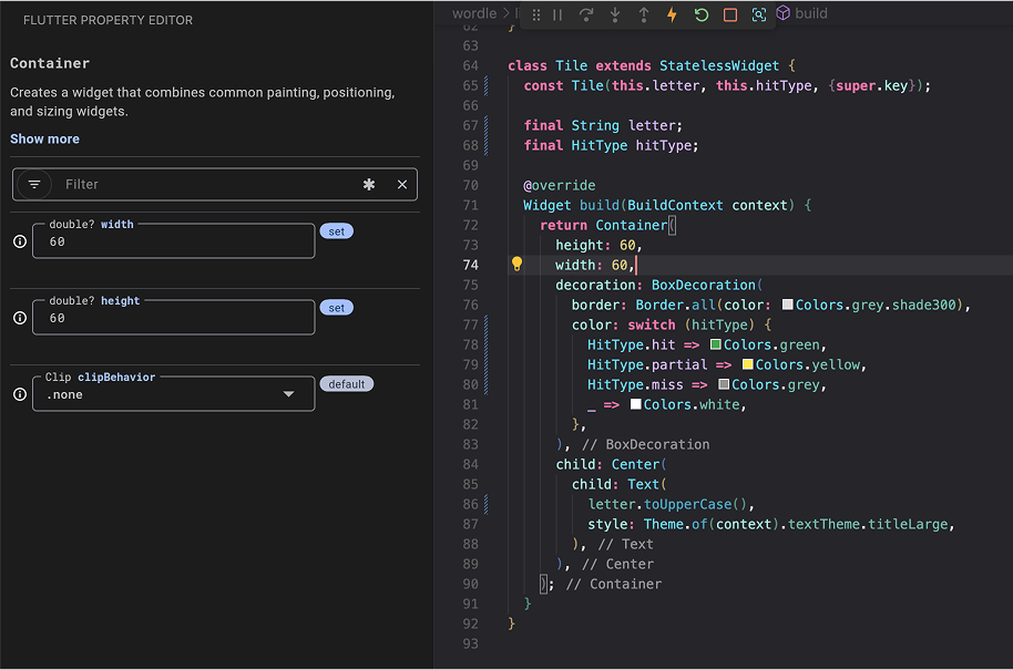 A screenshot of the Flutter property editor tool.